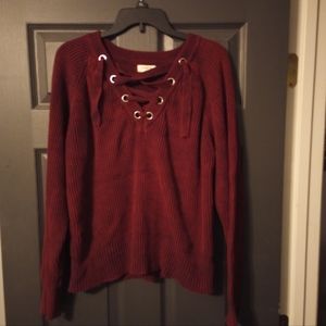 Umgee USA Maroon Purple Like V Neck Tie Sweater Thick Medium to Large Women EUC